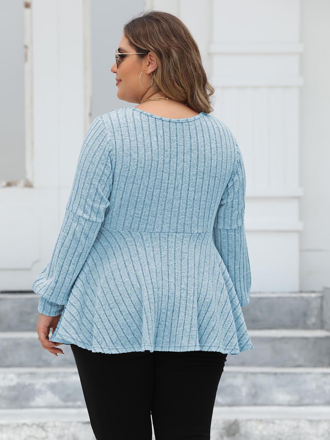 Plus Size Ribbed V-Neck Long Sleeve Blouse - Classique Collection