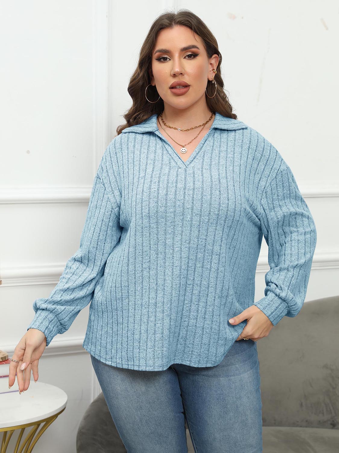 Plus Size Ribbed Collared Neck Long Sleeve Blouse - Classique Collection