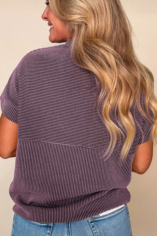 Corded Knit Mock Neck Short Sleeve T Shirt - Classique Collection