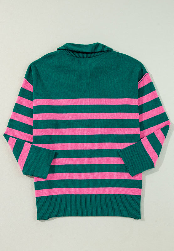 Contrast Striped Quarter Zip Long Sleeve Sweater - ClassiQ