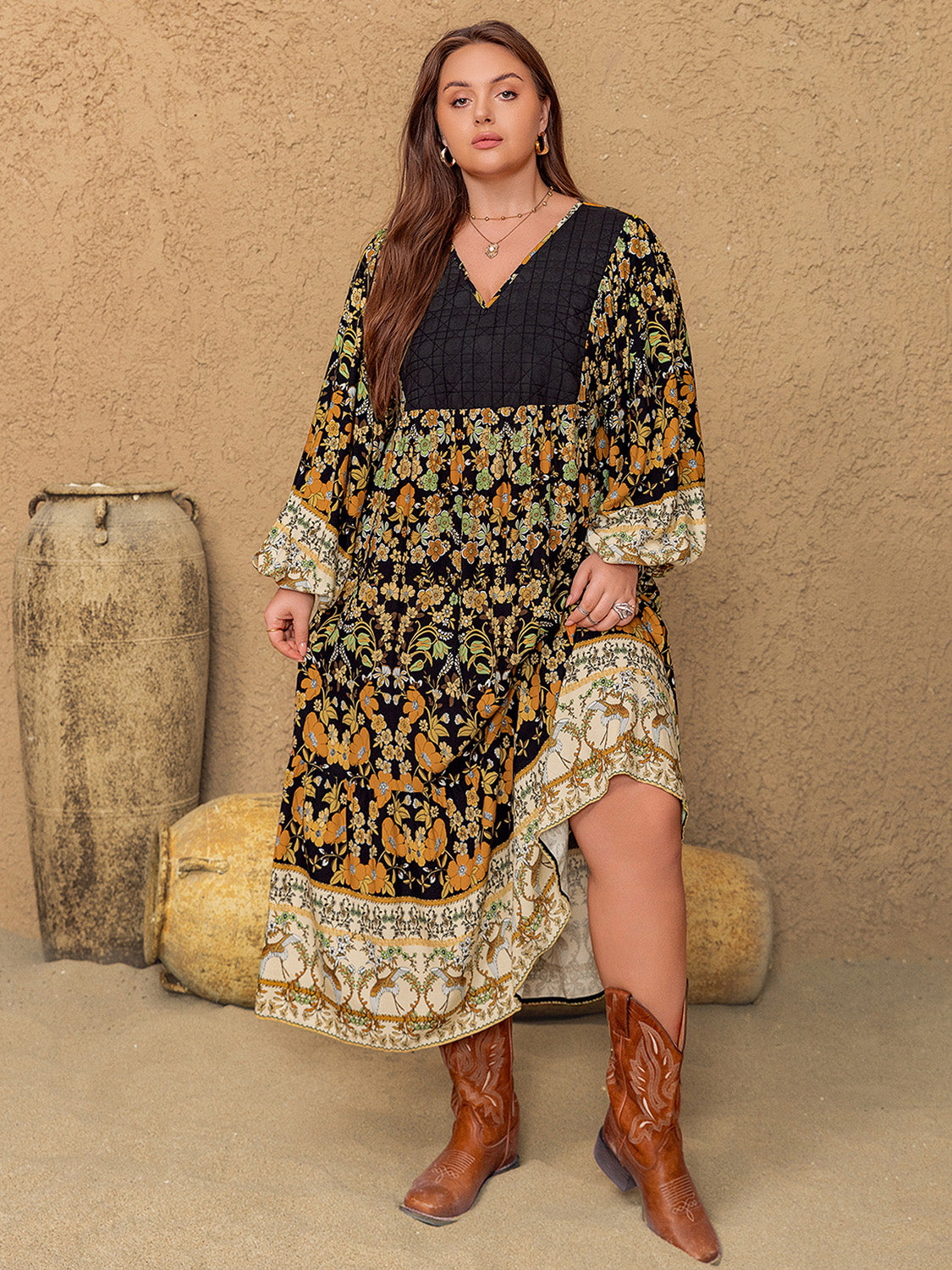 Plus Size Floral V-Neck Balloon Sleeve Midi Dress - Classique Collection