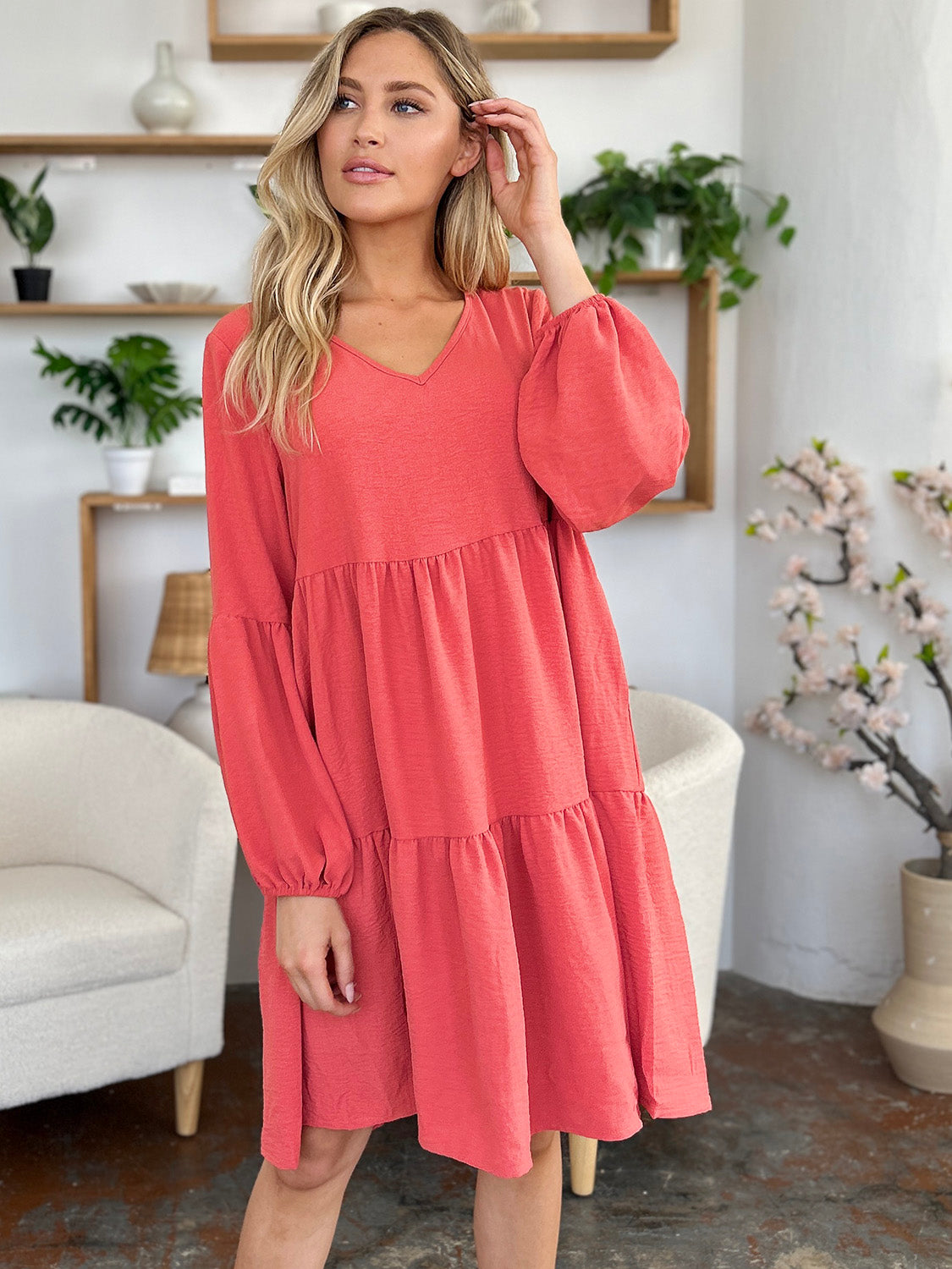 Double Take Full Size V-Neck Balloon Sleeve Tiered Dress with Pockets - Classique Collection