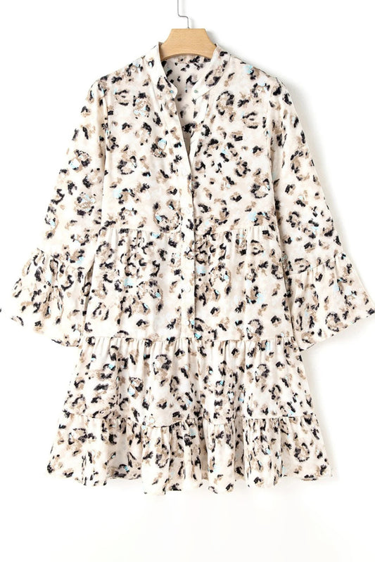 Leopard Notched Long Sleeve Tiered Dress - Classique Collection