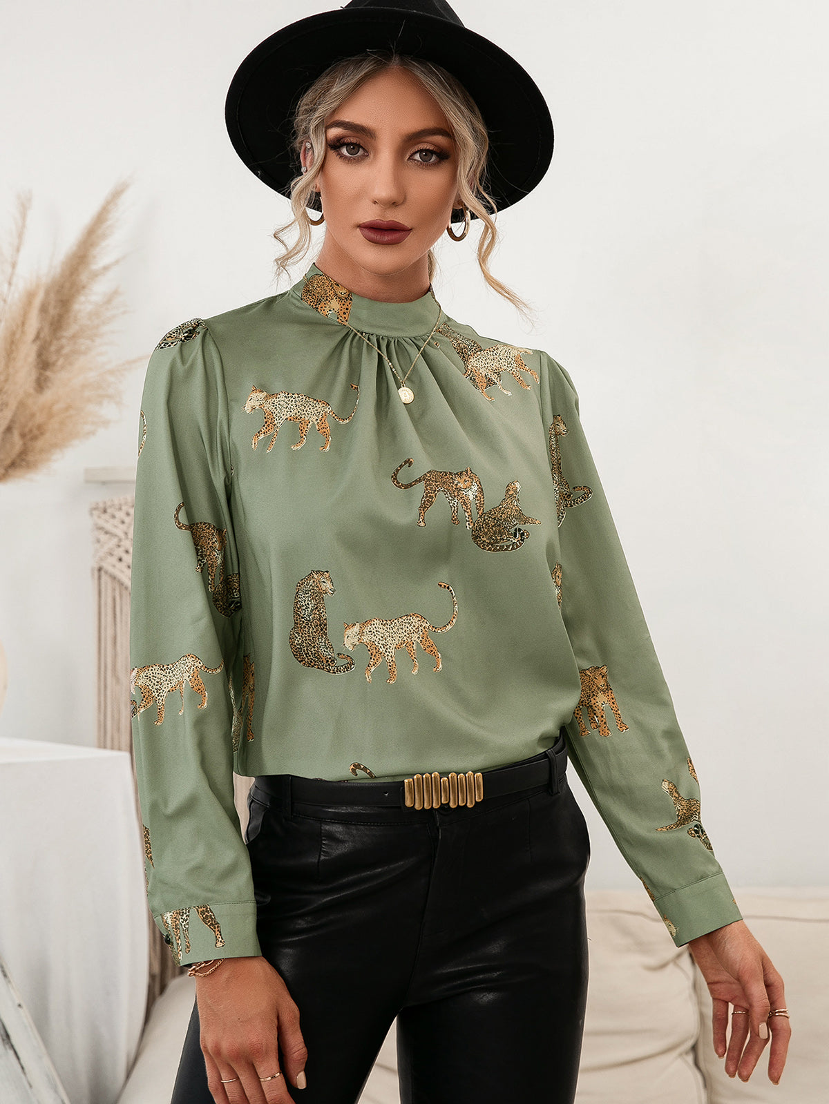Ivy Lane Leopard Graphic Mock Neck Puff Sleeve Blouse - Classique Collection