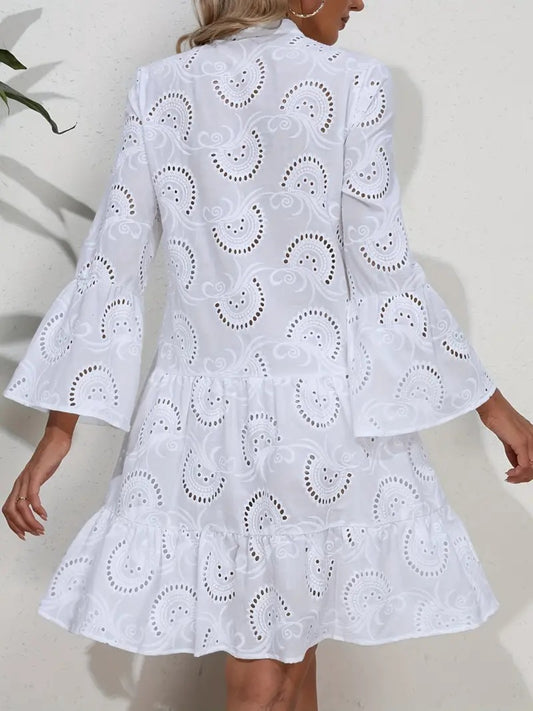 Ruffle Hem Eyelet Notched Long Sleeve Dress - Classique Collection