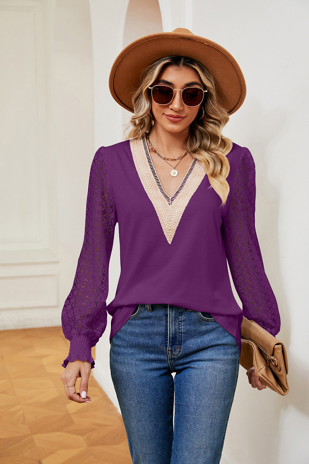 Contrast V-Neck Long Sleeve Blouse - Classique Collection