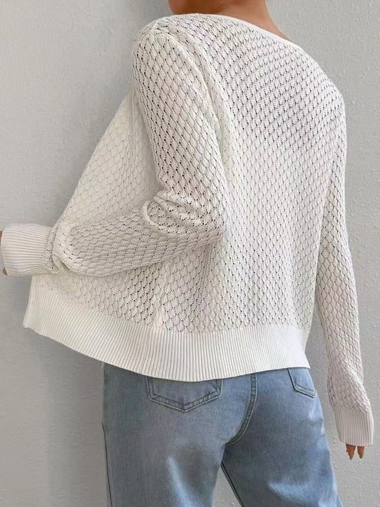 Tied Openwork V-Neck Long Sleeve Cardigan - ClassiQ