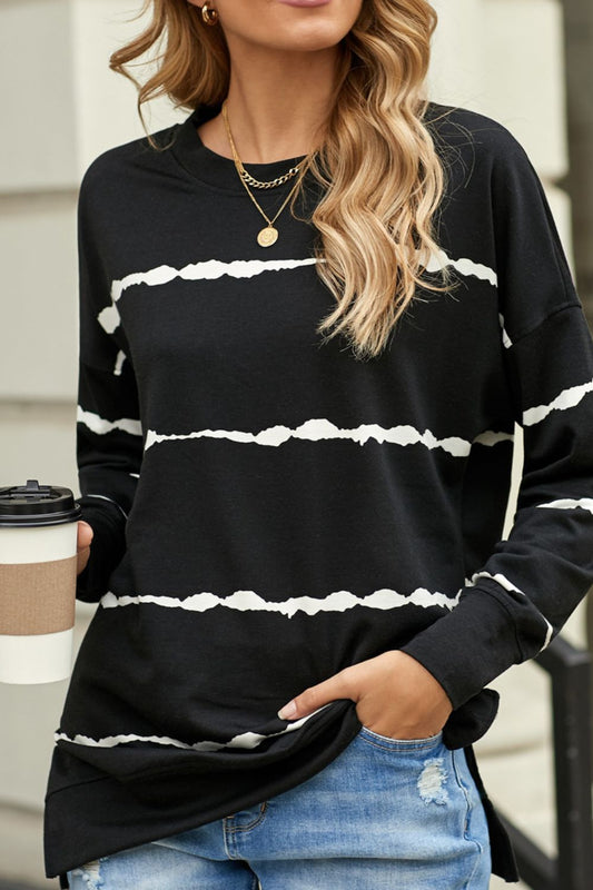 Slit Contrast Striped Round Neck Long Sleeve T-Shirt - Classique Collection