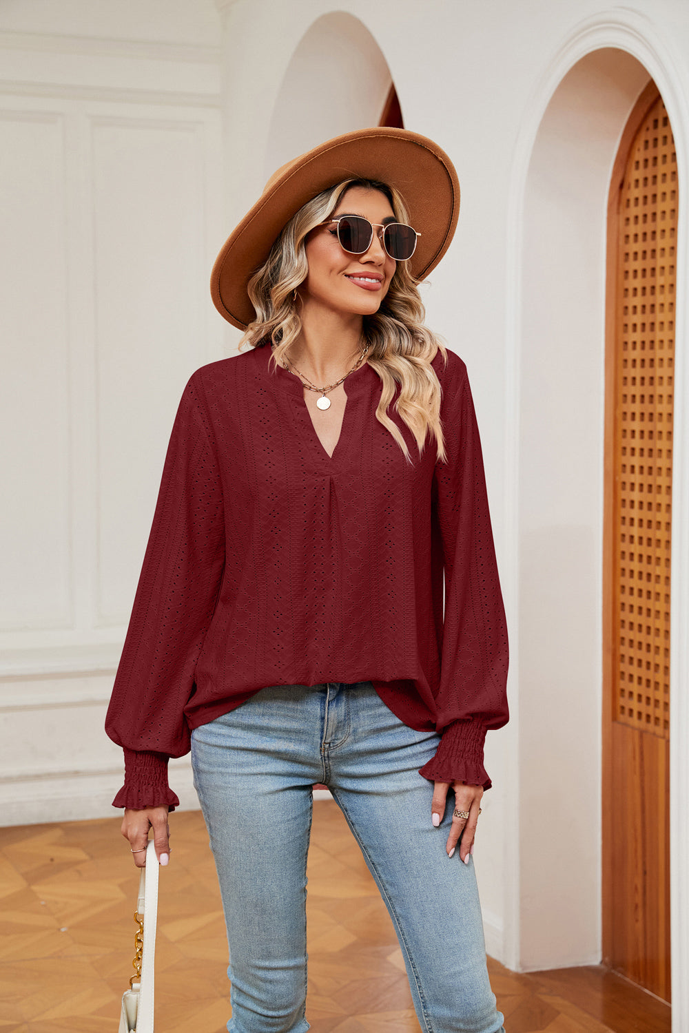 Notched Neck Flounce Sleeve Blouse - Classique Collection