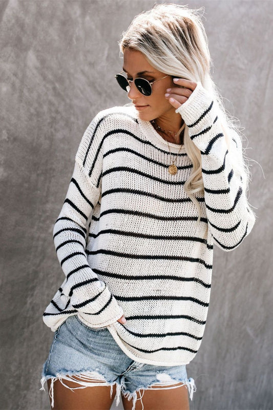 Striped Round Neck Drop Shoulder Sweater - Classique Collection
