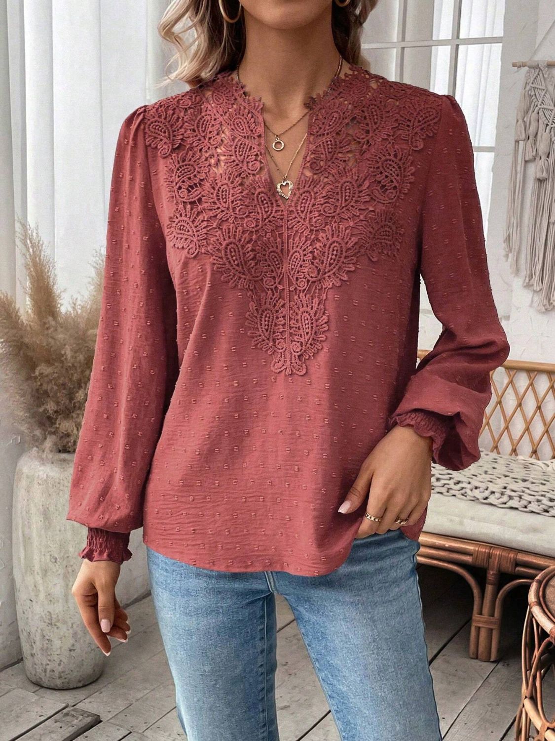 Swiss Dot Lace Detail Notched Long Sleeve Blouse - Classique Collection