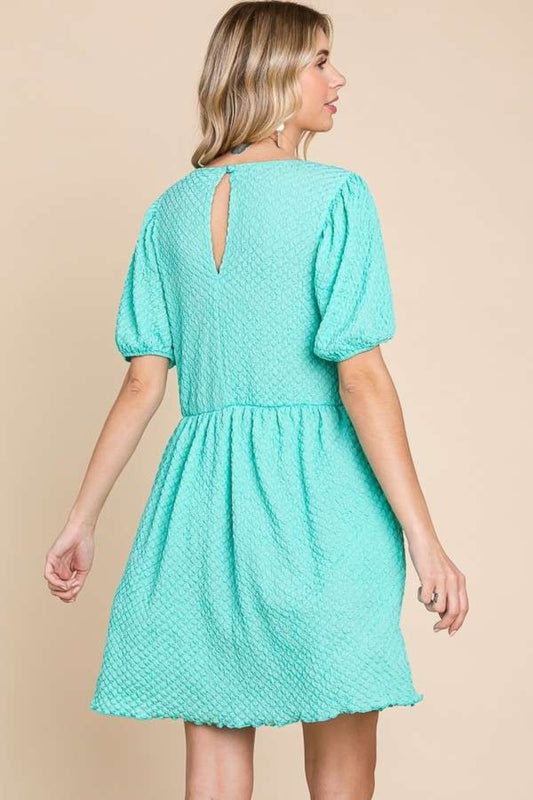 Culture Code Full Size Textured Round Neck Puff Sleeve Dress - Classique Collection
