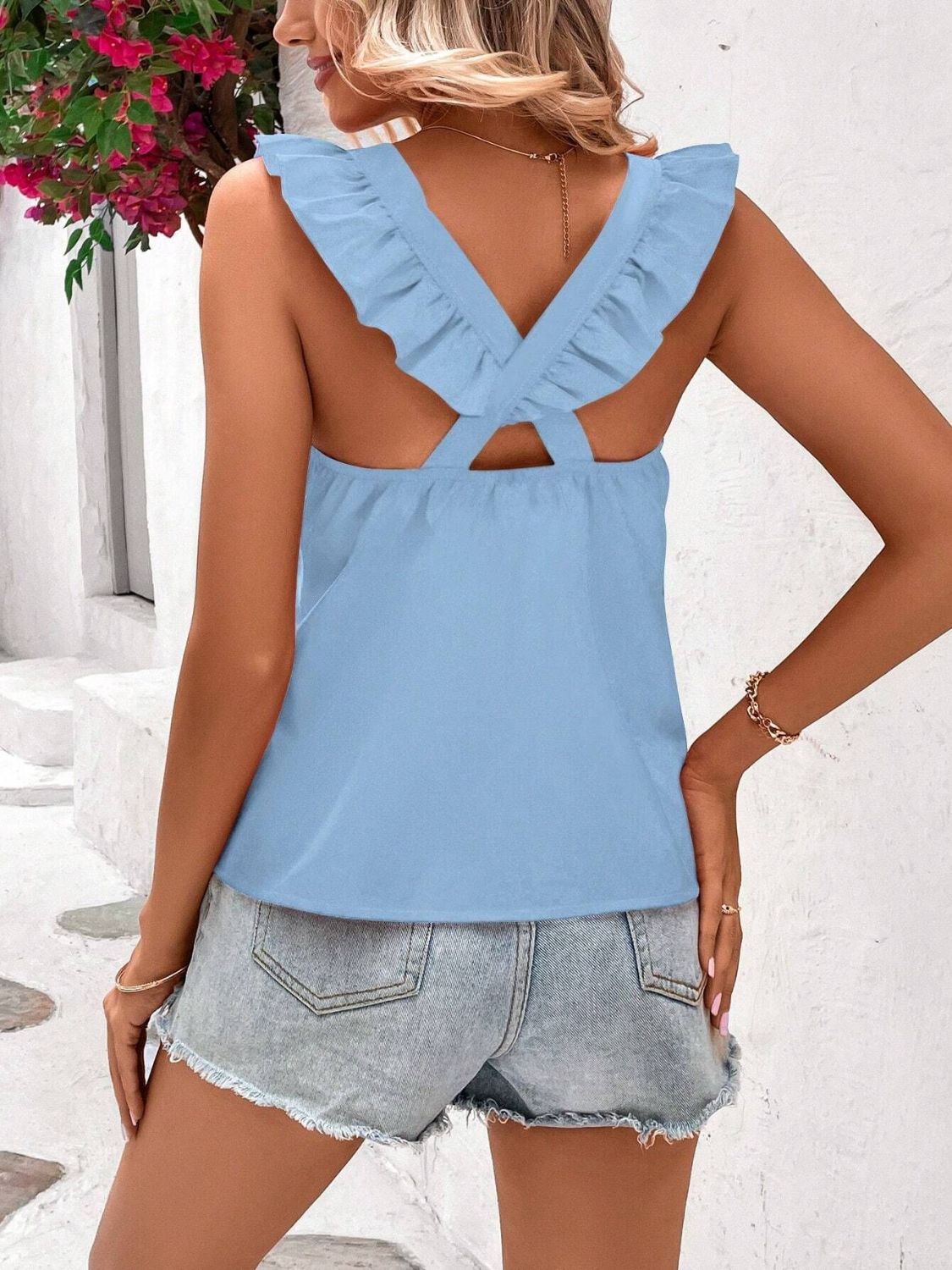 Crisscross Back Ruffled Round Neck Cap Sleeve Blouse - Classique Collection