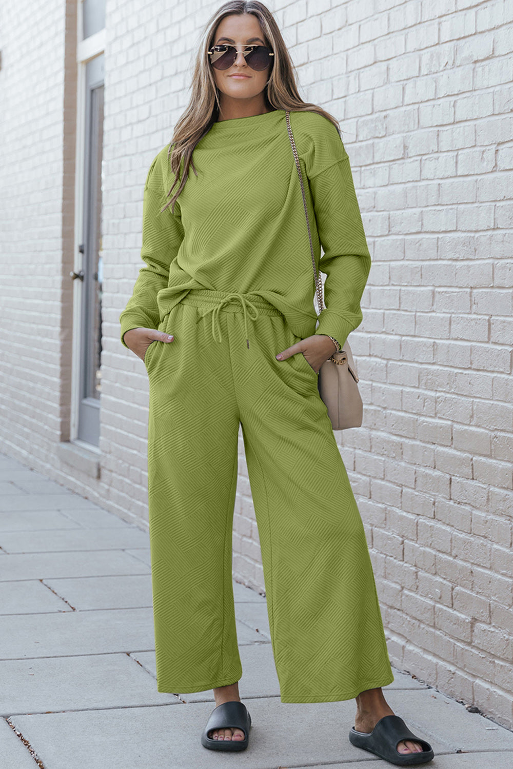 Double Take Full Size Textured Long Sleeve Top and Drawstring Pants Set - ClassiQ
