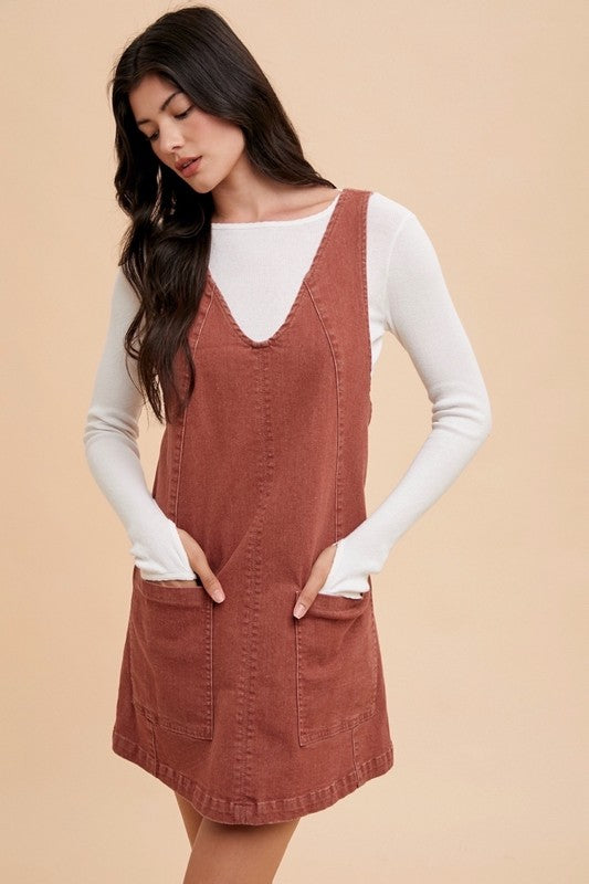 Annie Wear V-Neck Adjustable Strap Denim Overall Dress with Pockets - ClassiQ
