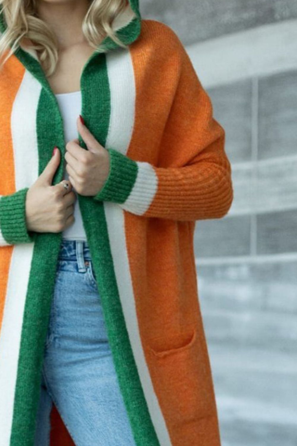 Pocketed Contrast Long Sleeve Hooded Cardigan - ClassiQ