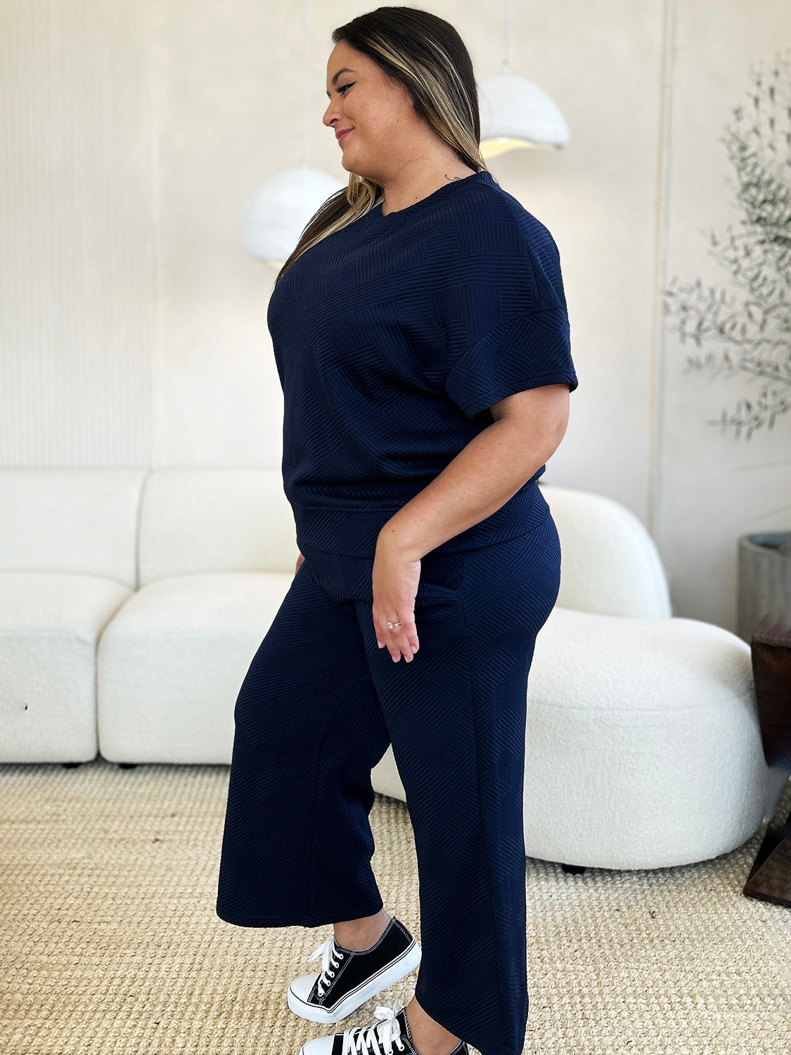 Double Take Full Size Texture Short Sleeve Top and Pants Set - ClassiQ