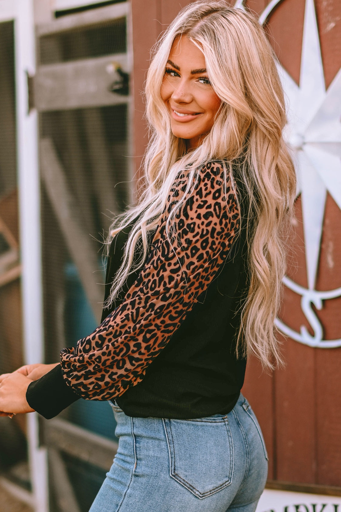Leopard Print Long Sleeve Ribbed Knit Blouse - Classique Collection
