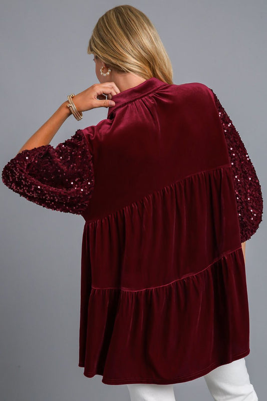 Umgee Sequin Detail Tiered Back Half Sleeve Shirt - Classique Collection