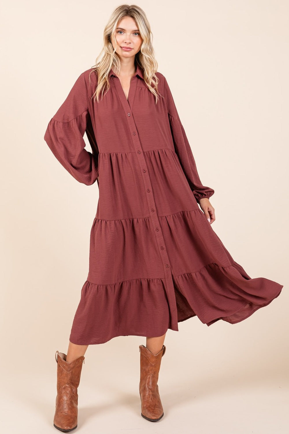 Mittoshop Tiered Button Down Long Sleeve Midi Dress - Classique Collection