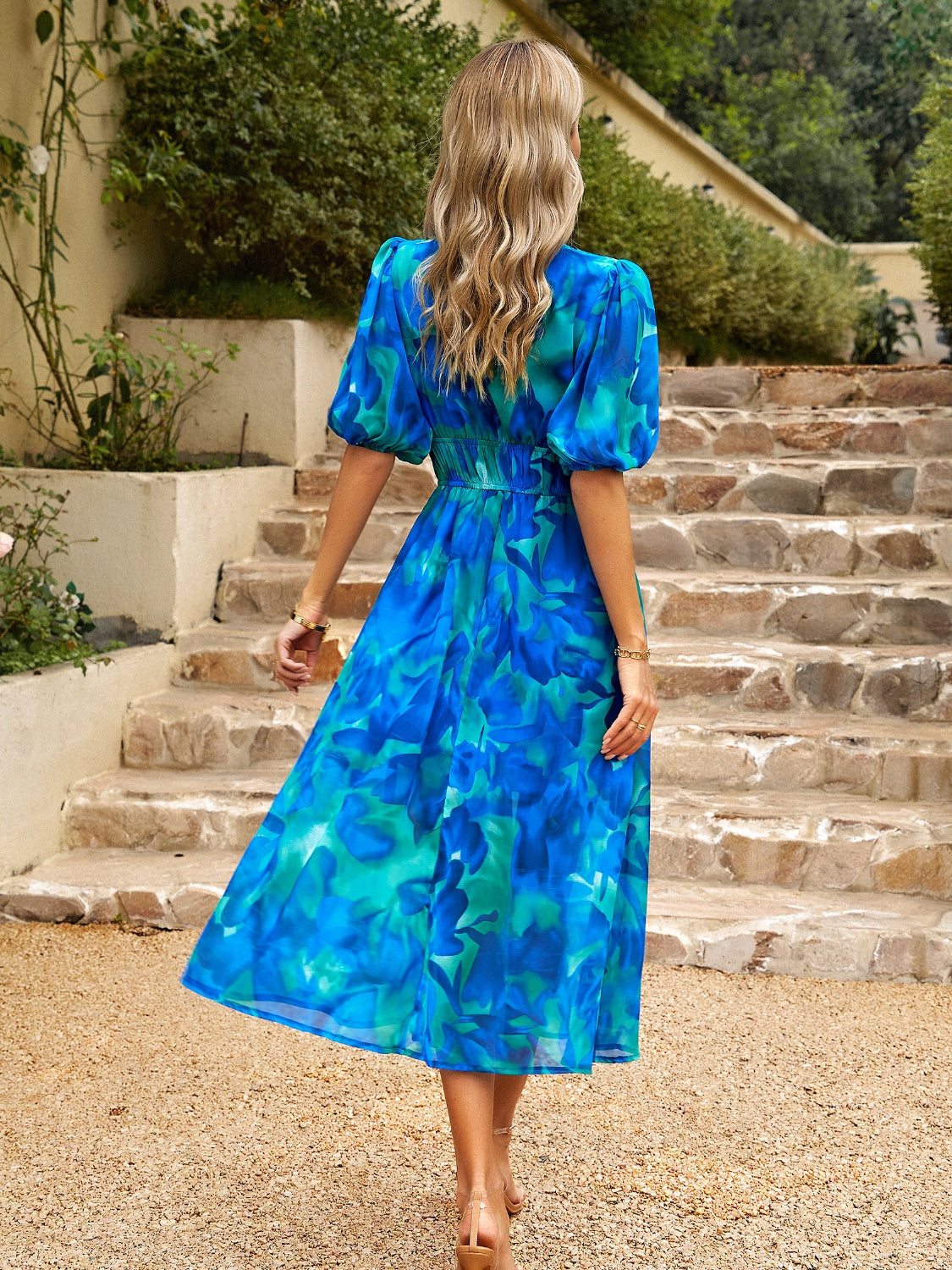 Devine Smocked Printed V-Neck Half Sleeve Midi Dress - Classique Collection