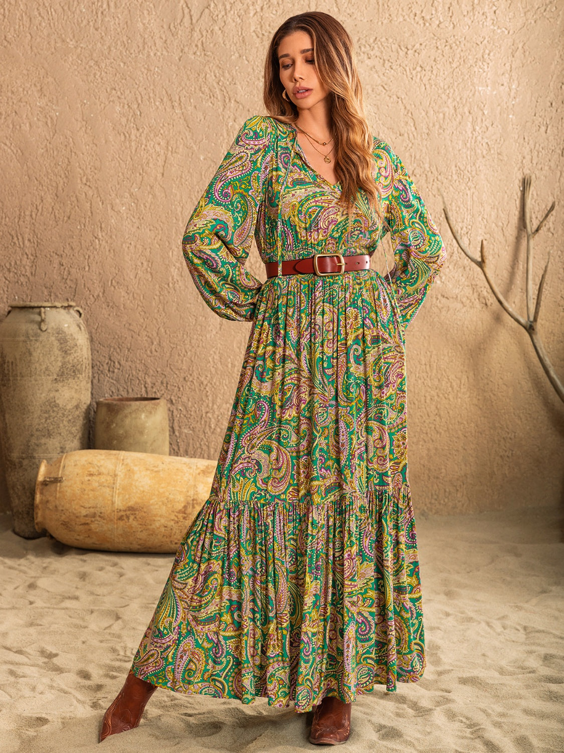 Printed Tie Neck Long Sleeve Dress - Classique Collection