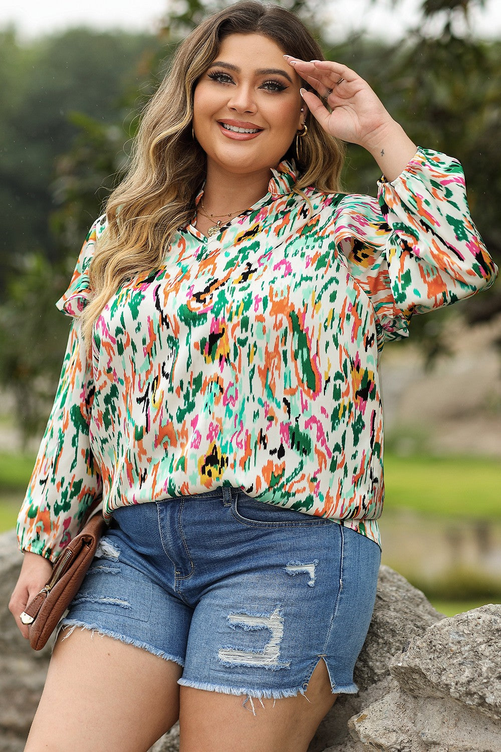Plus Size Printed Ruffle Trim Long Sleeve Blouse - Classique Collection