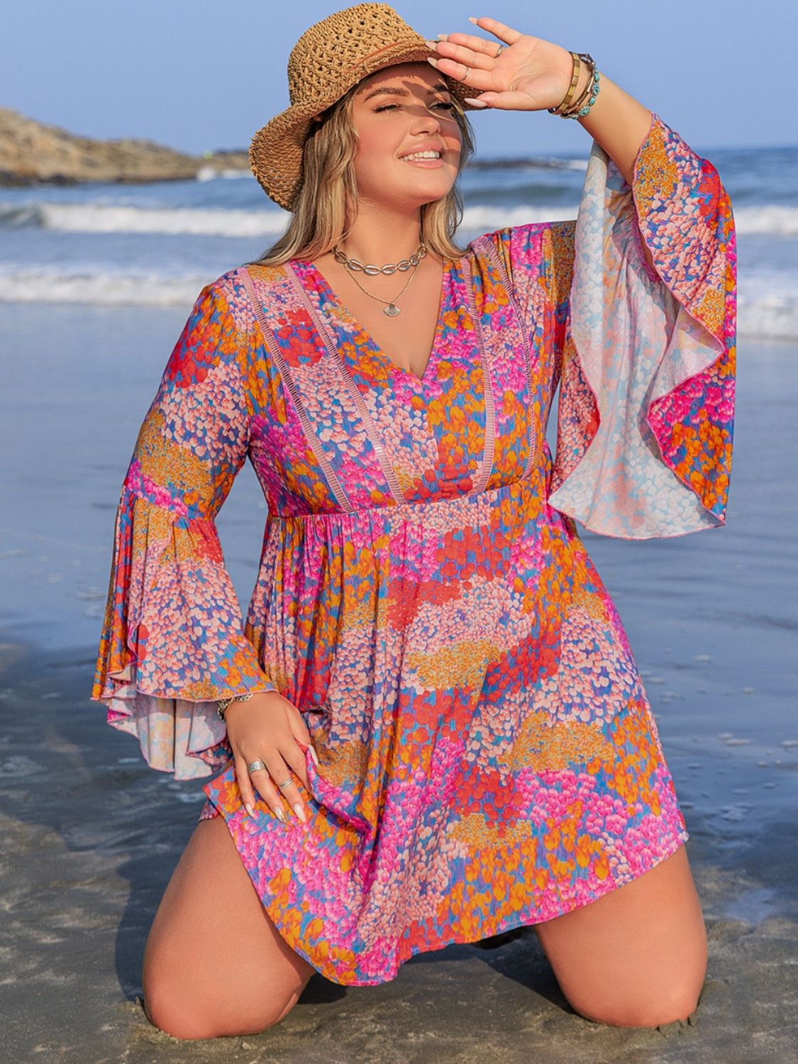 Plus Size Ruched Printed Long Sleeve Dress - Classique Collection