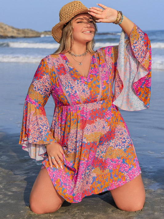 Plus Size Ruched Printed Long Sleeve Dress - Classique Collection