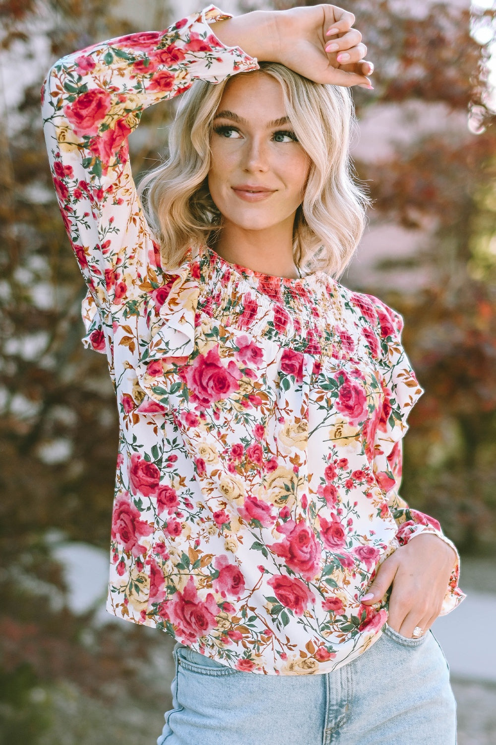 Floral Round Neck Smocked Blouse - ClassiQ