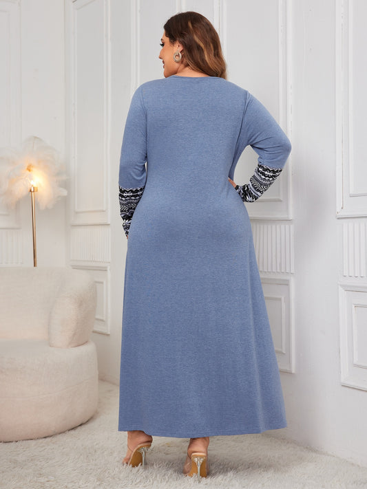 Honey Plus Size Printed Round Neck Long Sleeve Dress - Classique Collection