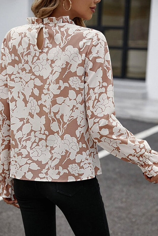 Floral Print Mock Neck Flounce Sleeve Blouse - Classique Collection