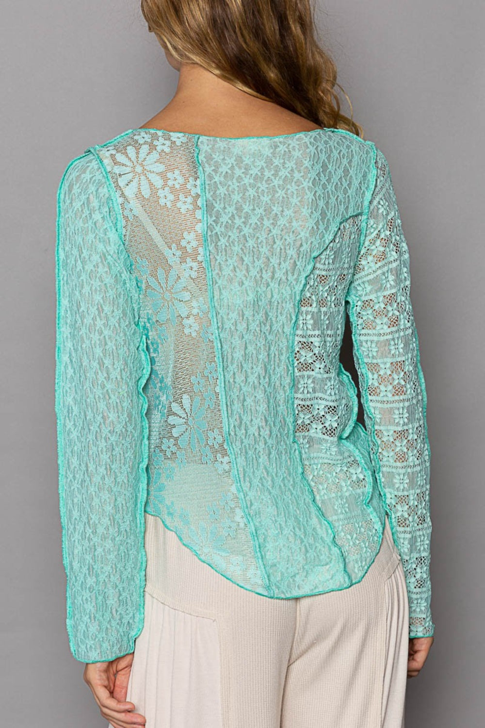 POL Exposed Seam Long Sleeve Lace Knit Top - Classique Collection