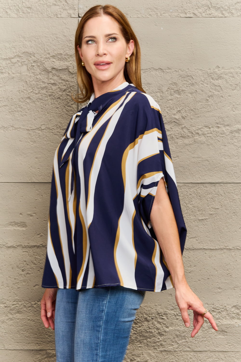 Perfee Tie Neck Printed Slit Sleeve Blouse - Classique Collection