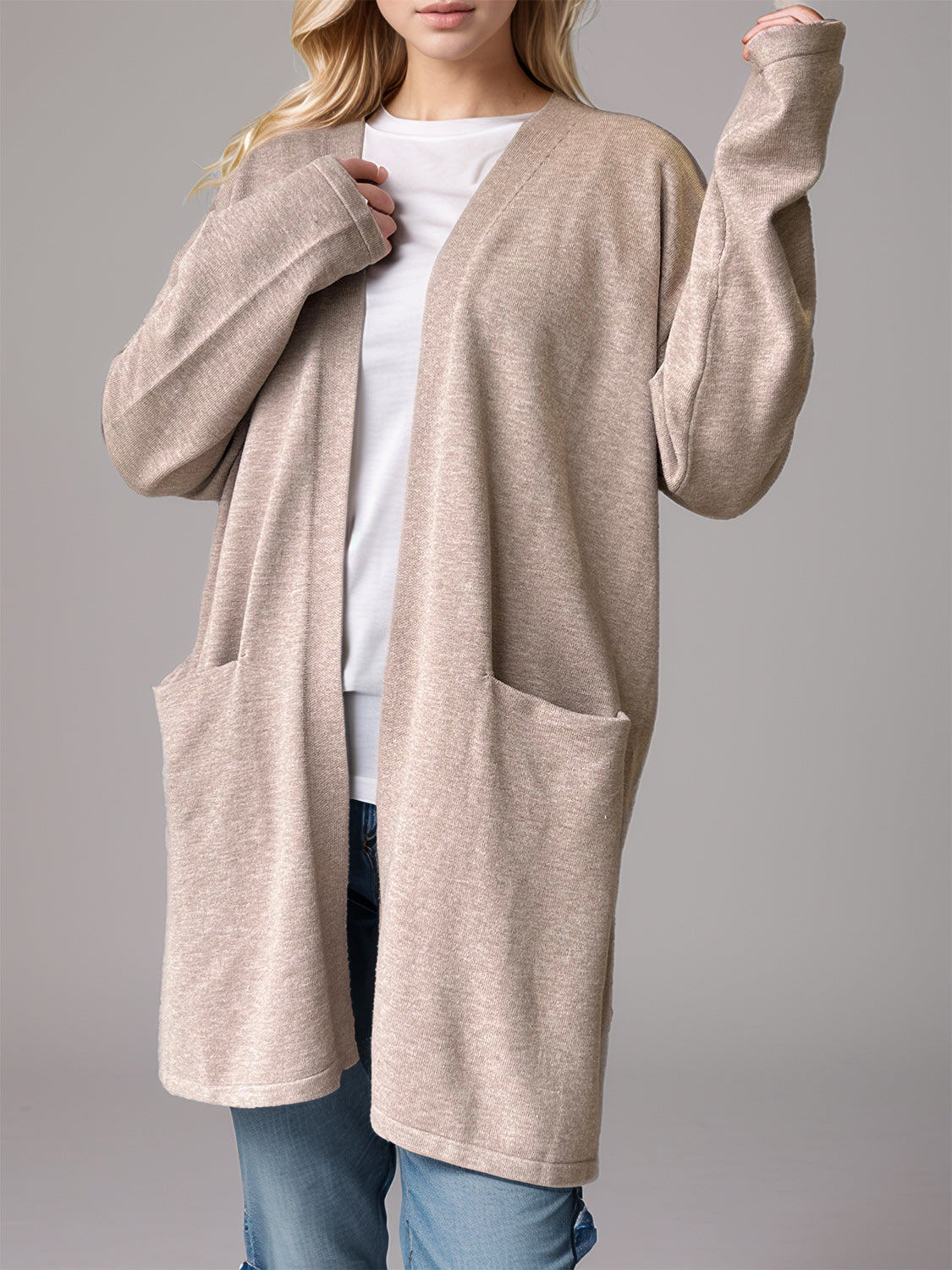 Open Front Long Sleeve Cardigan with Pockets - ClassiQ