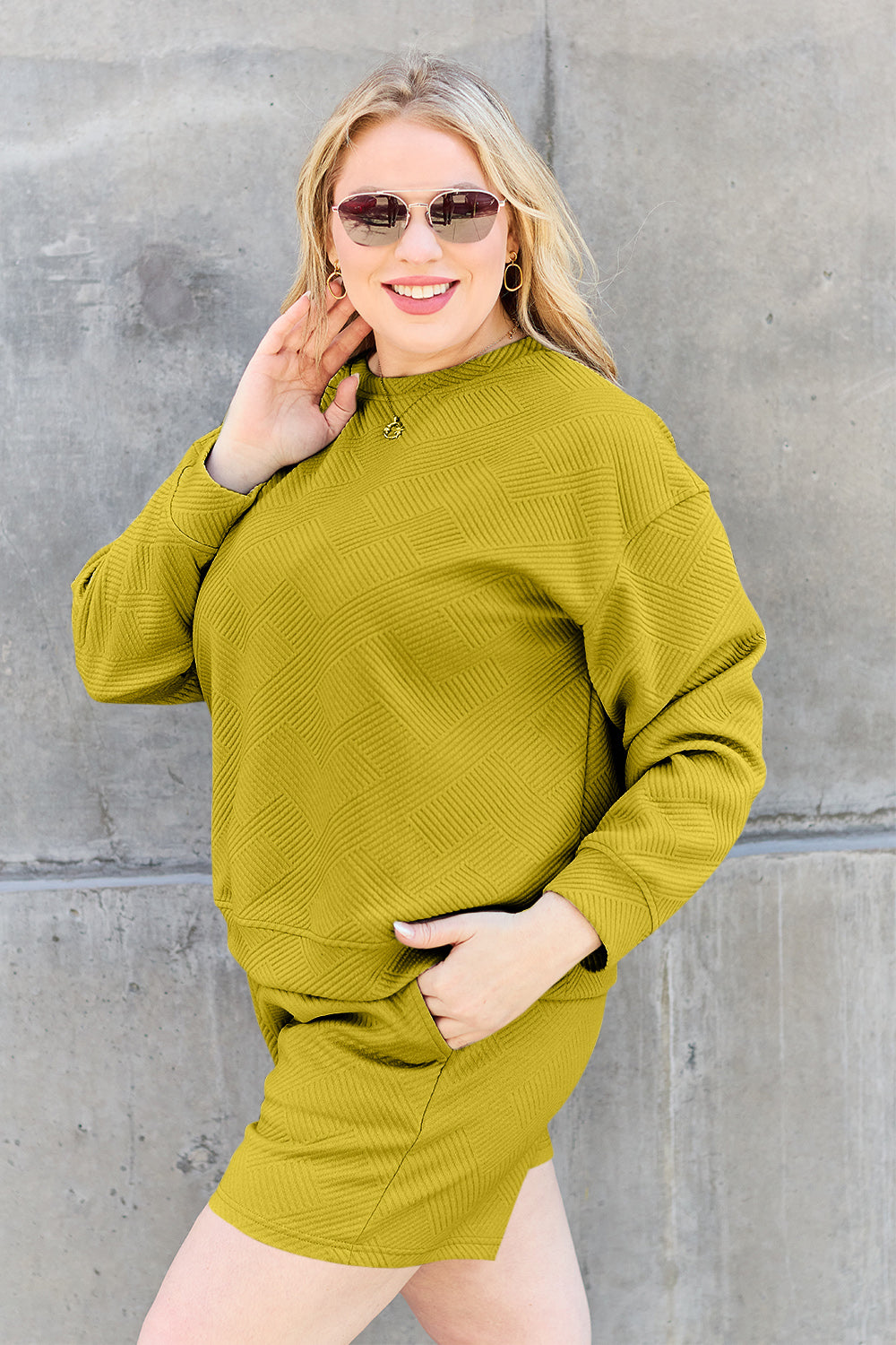Double Take Full Size Texture Long Sleeve Top and Drawstring Shorts Set - ClassiQ