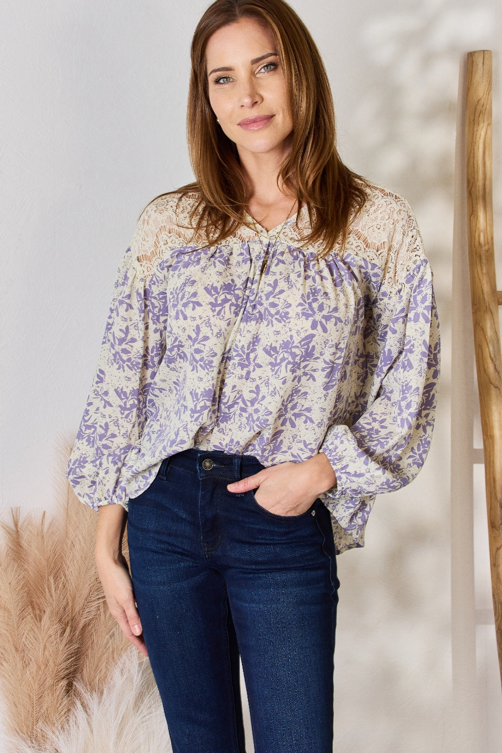 Hailey & Co Full Size Lace Detail Printed Blouse - Classique Collection