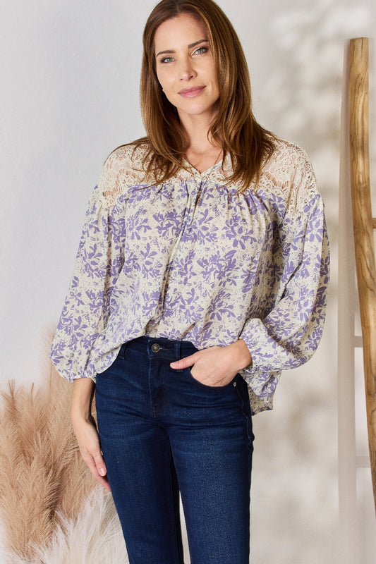 Hailey & Co Full Size Lace Detail Printed Blouse - Classique Collection