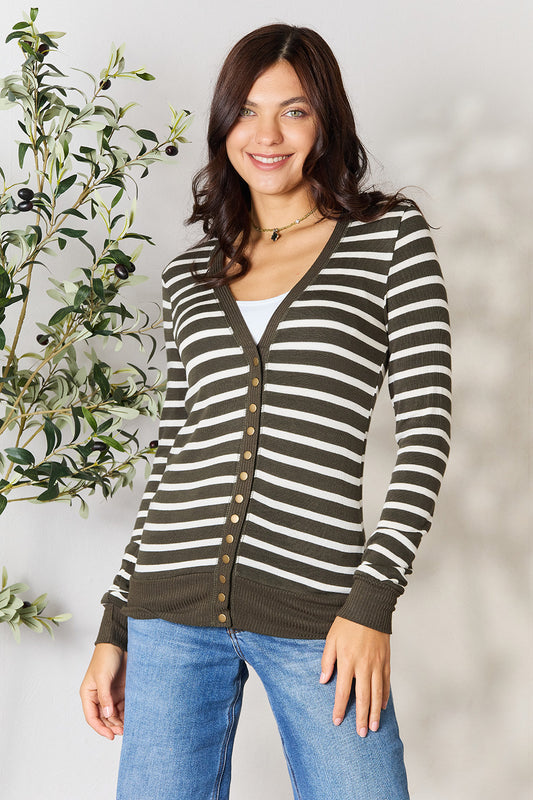 Zenana Full Size Striped Snap Down Cardigan - Classique Collection