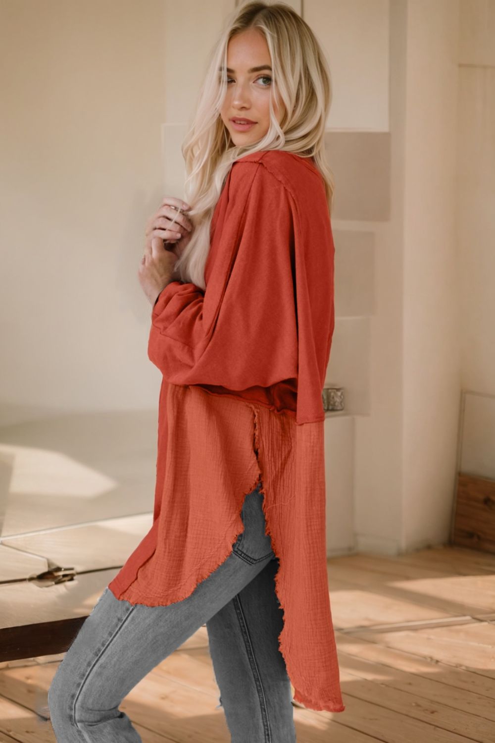 Contrast Texture Round Neck Long Sleeve Blouse - Classique Collection