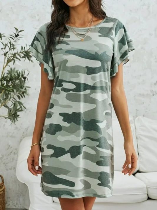 Camouflage Round Neck Short Sleeve Mini Dress - Classique Collection