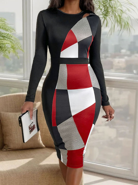 Perfee Cutout Color Block Round Neck Long Sleeve Dress - Classique Collection