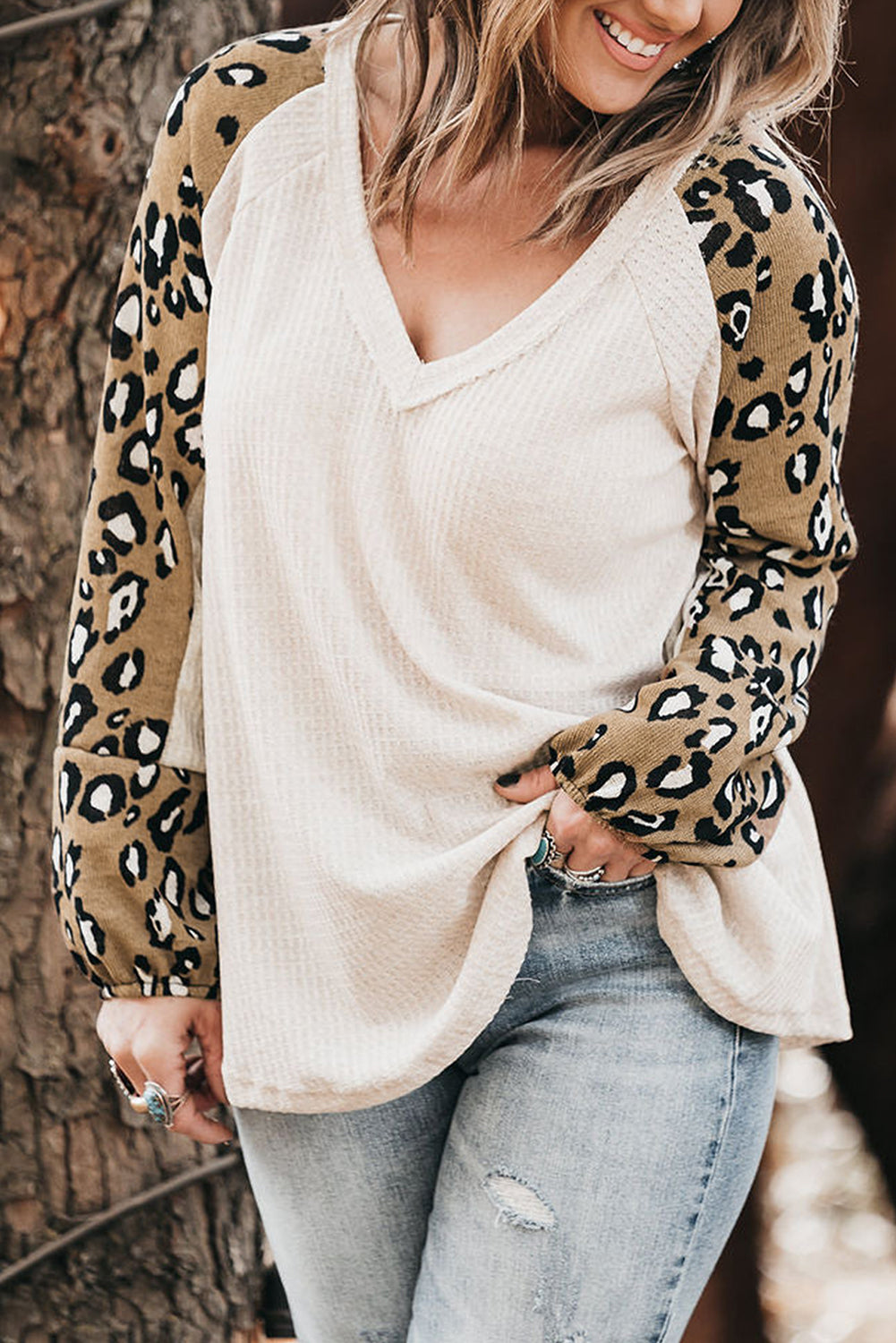 Plus Size Leopard V-Neck Raglan Sleeve Blouse - Classique Collection