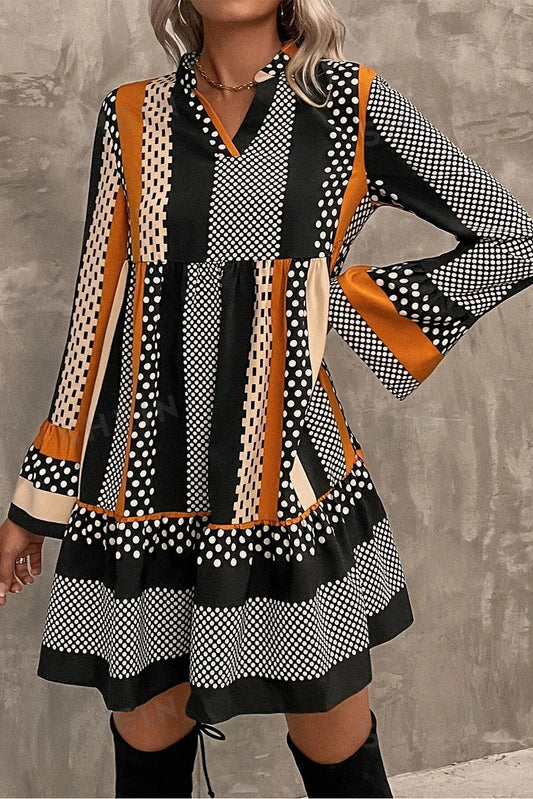Printed Notched Long Sleeve Mini Dress - Classique Collection