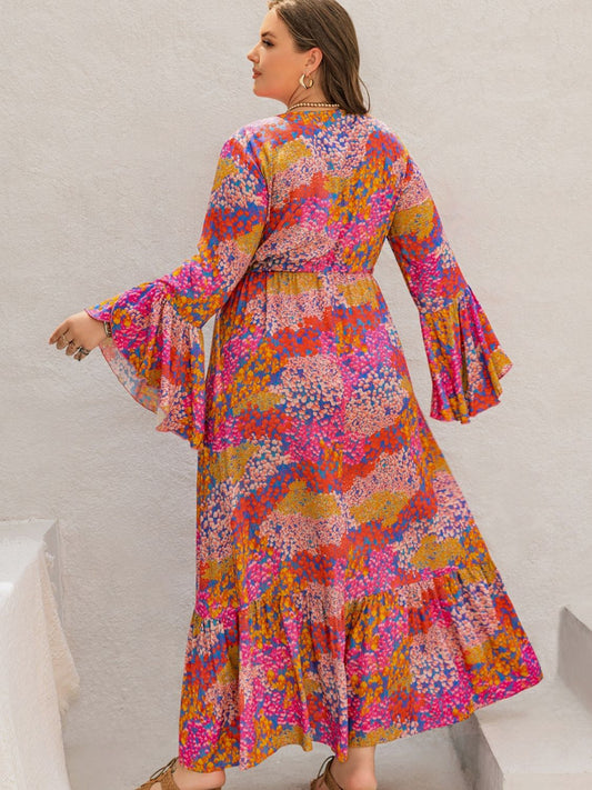 Plus Size Printed V-Neck Long Sleeve Maxi Dress - Classique Collection