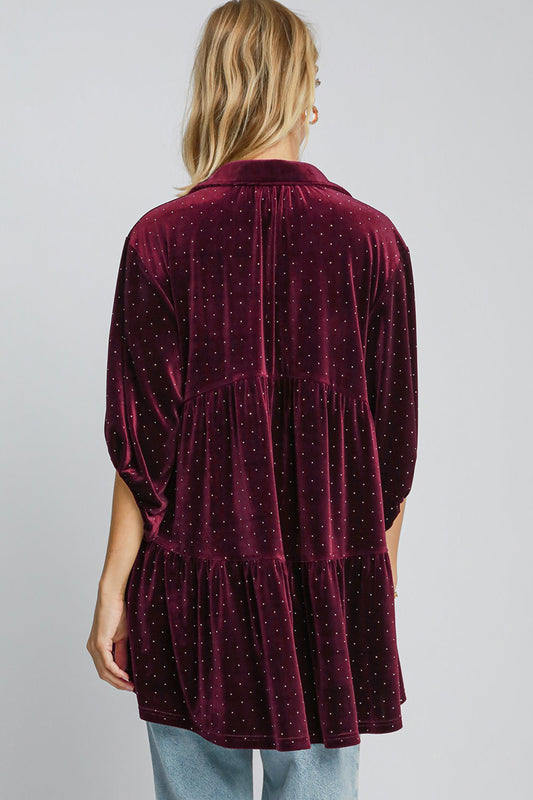 Umgee Full Size Polka Dot Button Up Half Sleeve Shirt - Classique Collection