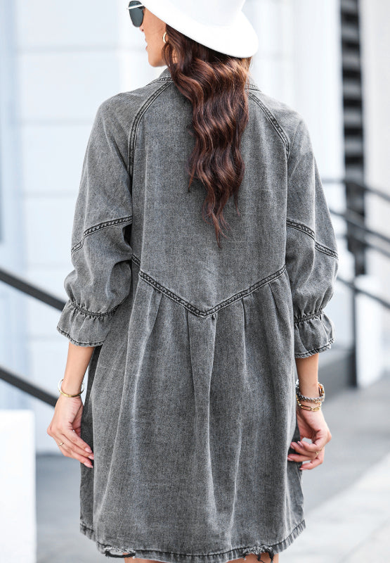 Distressed Collared Neck Flounce Sleeve Denim Dress - Classique Collection
