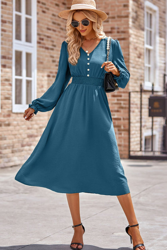 Smocked V-Neck Flounce Sleeve Midi Dress - Classique Collection