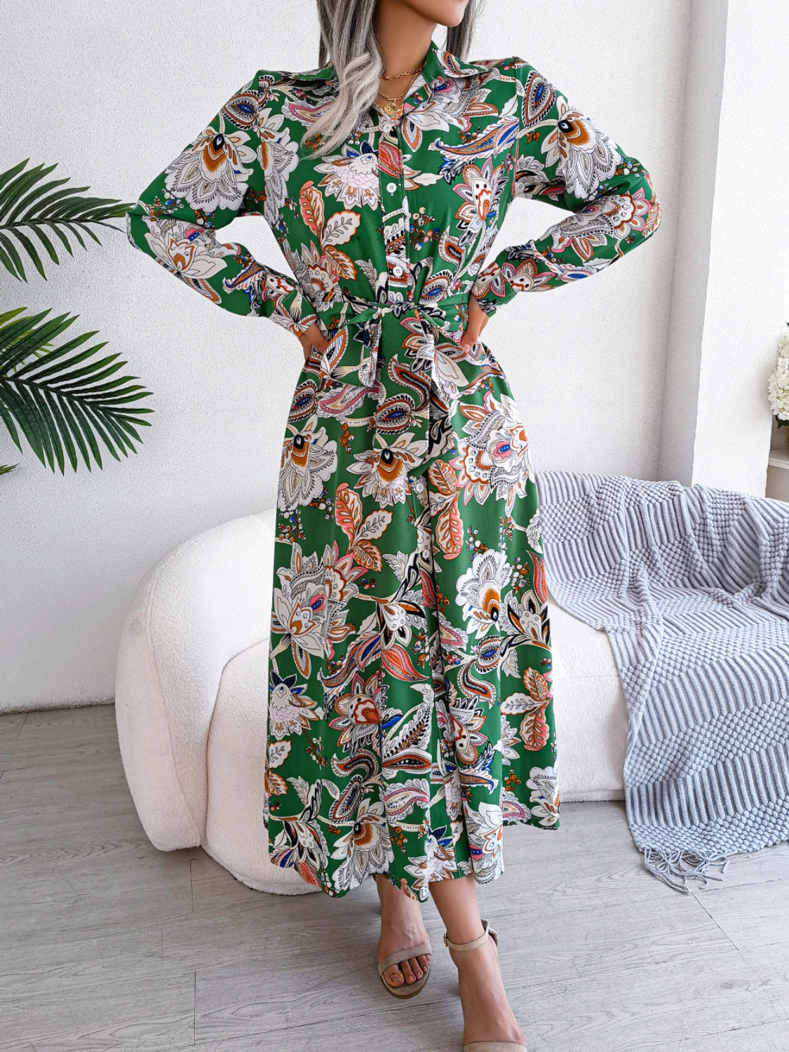 Tied Printed Long Sleeve Midi Dress - Classique Collection