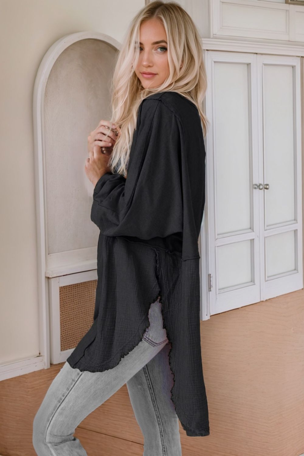 Contrast Texture Round Neck Long Sleeve Blouse - Classique Collection